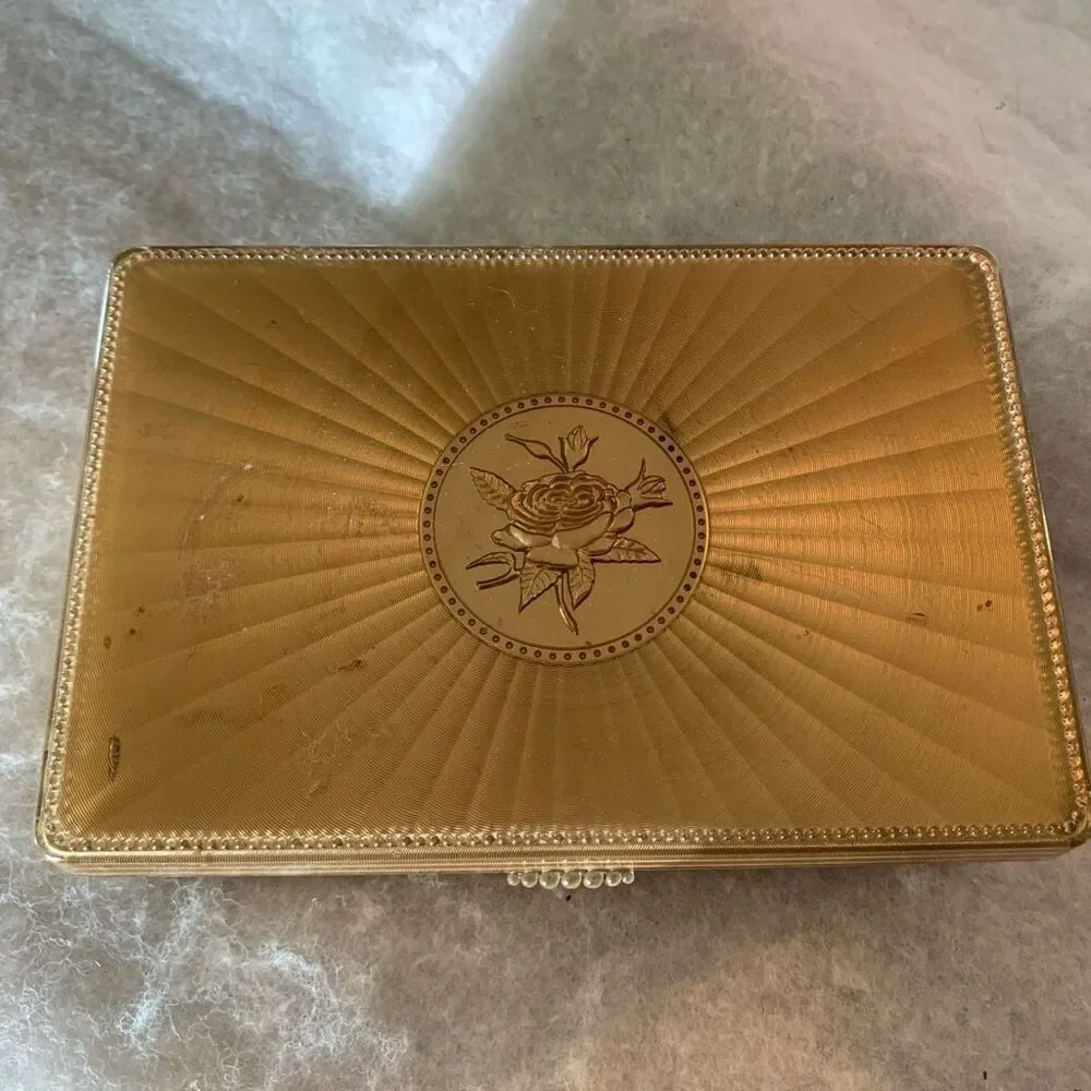 Vintage Gold Colored Plastic Box With Embossed Rose On Top